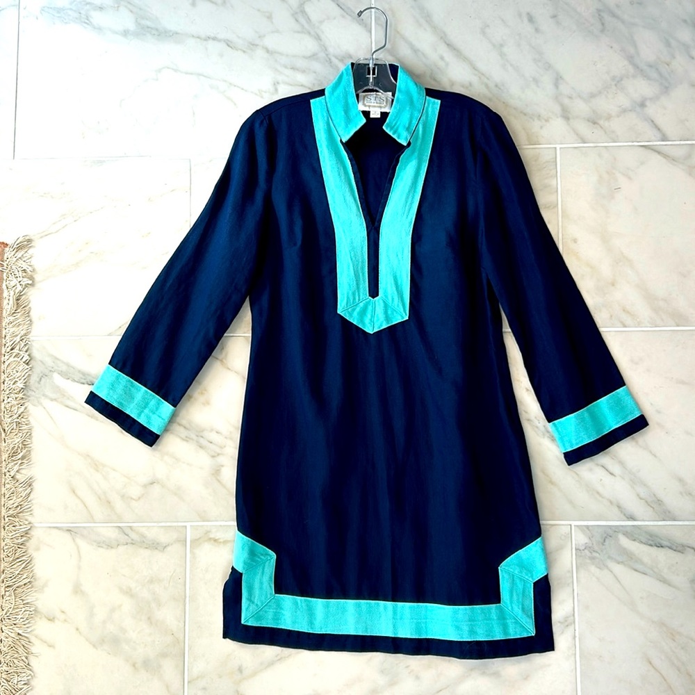 Sail to Sable 100% linen navy blue long sleeve dress